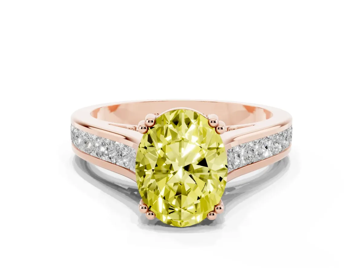 Fancy Yellow Oval Cut Cut Channel Set Solitaire Engagement Ring with Prong Setting Rose gold