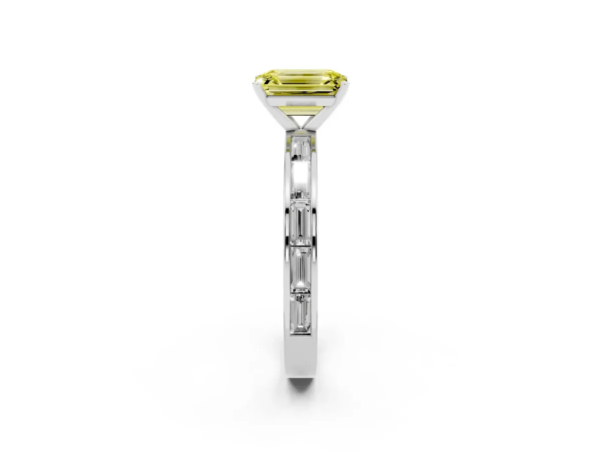 Fancy Yellow Emerald Cut Solitaire Diamond Ring with Channel-Set Baguette Band and Four-Prong Setting White gold