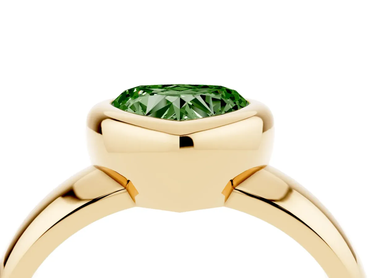 Fancy Green Bezel Set Heart Cut Solitaire Ring with Wide Band Yellow gold