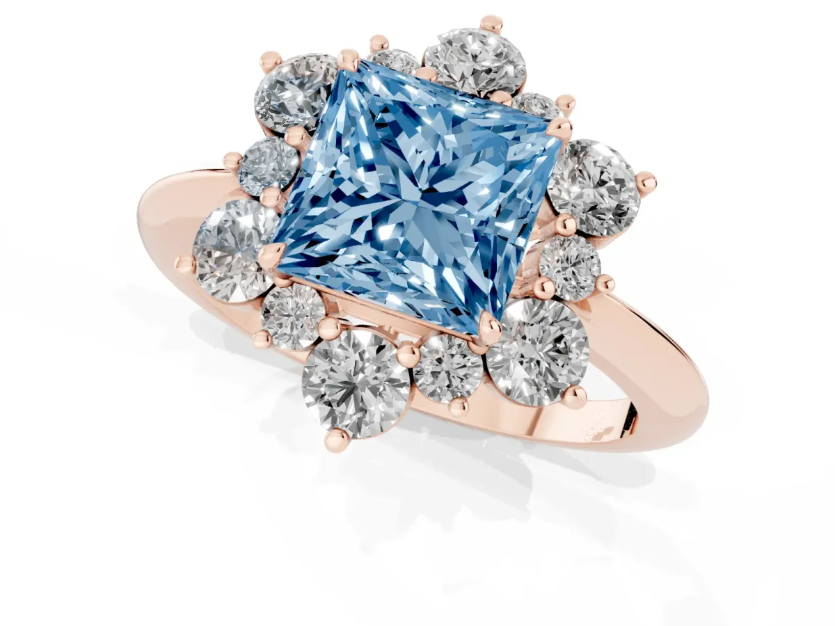 Fancy Blue Princess Cut Diamond Cluster Halo Ring with Solitaire Band and Four-Prong Setting Rose gold