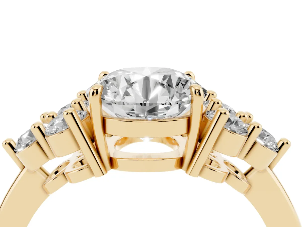 Round Cut Brilliant Diamond Cluster Accent Solitaire Ring with Prong Setting Yellow gold