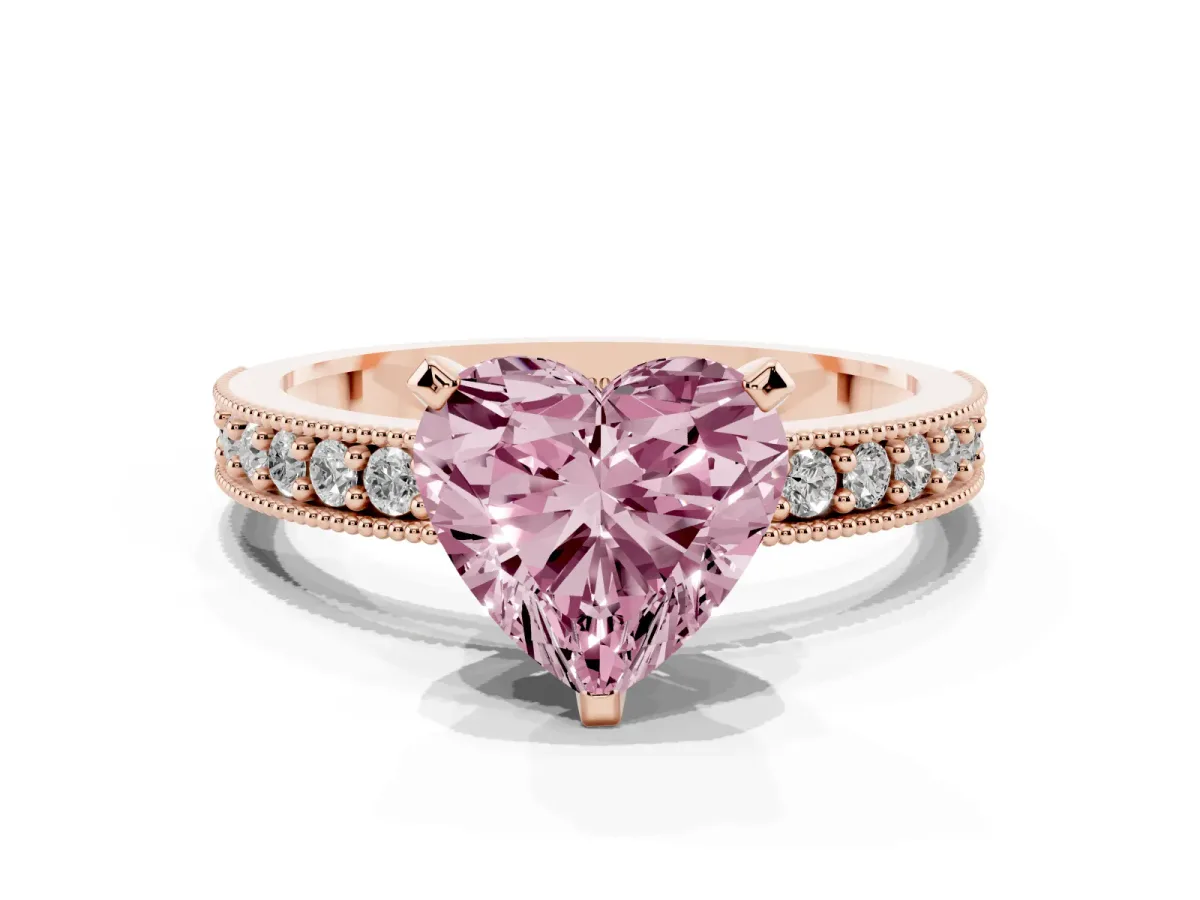 Fancy Pink Heart Cut Diamond Milgrain Pavé Engagement Ring with Four-Prong Setting Rose gold