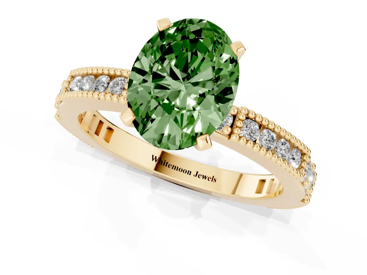 Fancy Green Oval Cut Solitaire with Pavé Band and Four-Prong Setting Yellow gold