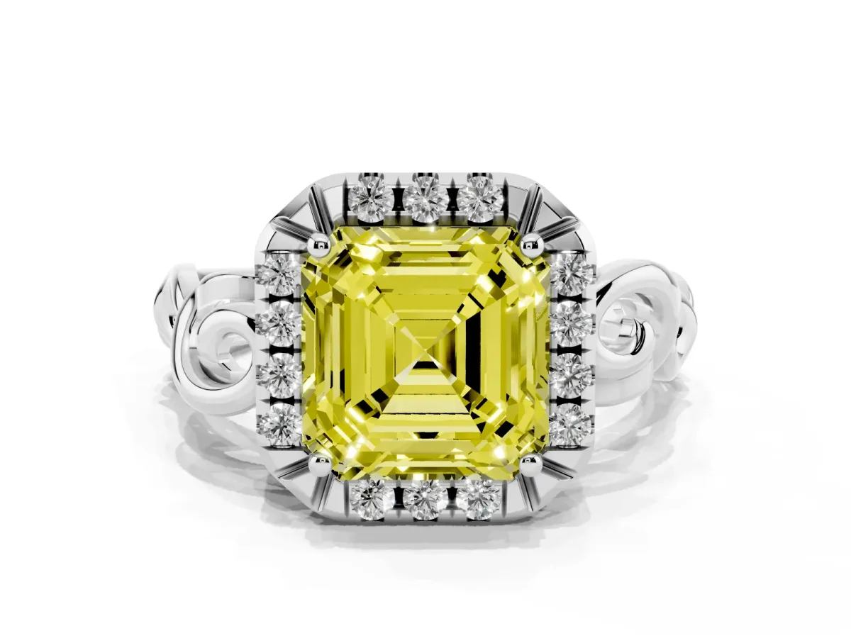 Fancy Yellow Asscher Cut Cut Halo Diamond Ring with Scrollwork Band and Four-Prong Setting Silver
