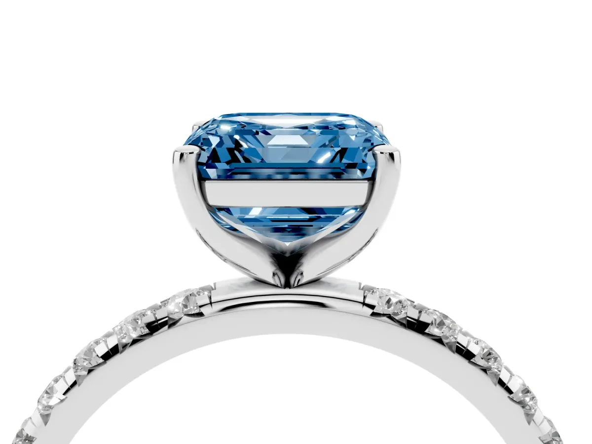 Fancy Blue Asscher Cut Cut Diamond Solitaire Ring with Micro Pave Band and Four Prong Setting Silver