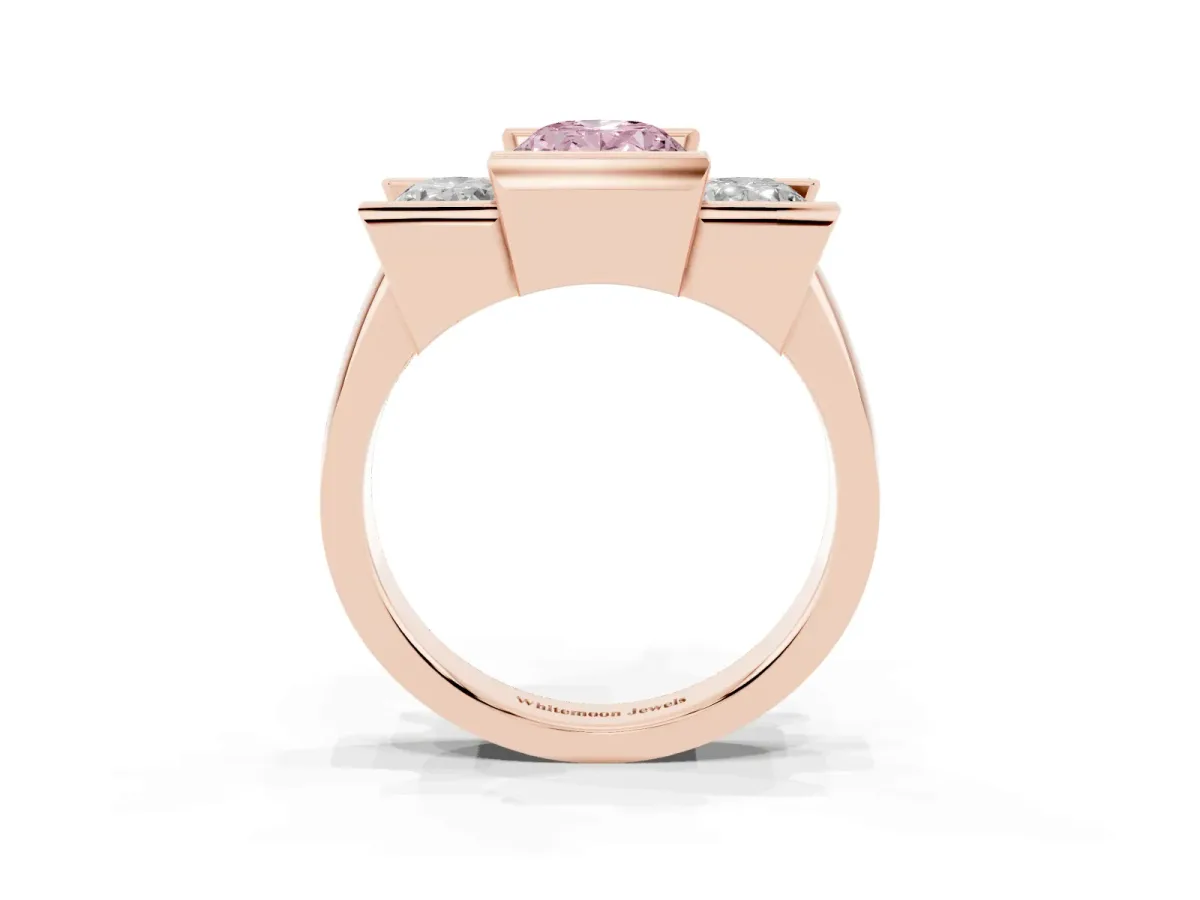 Fancy Pink Three Stone Oval Cut Cut Channel Set Diamond Ring Rose gold
