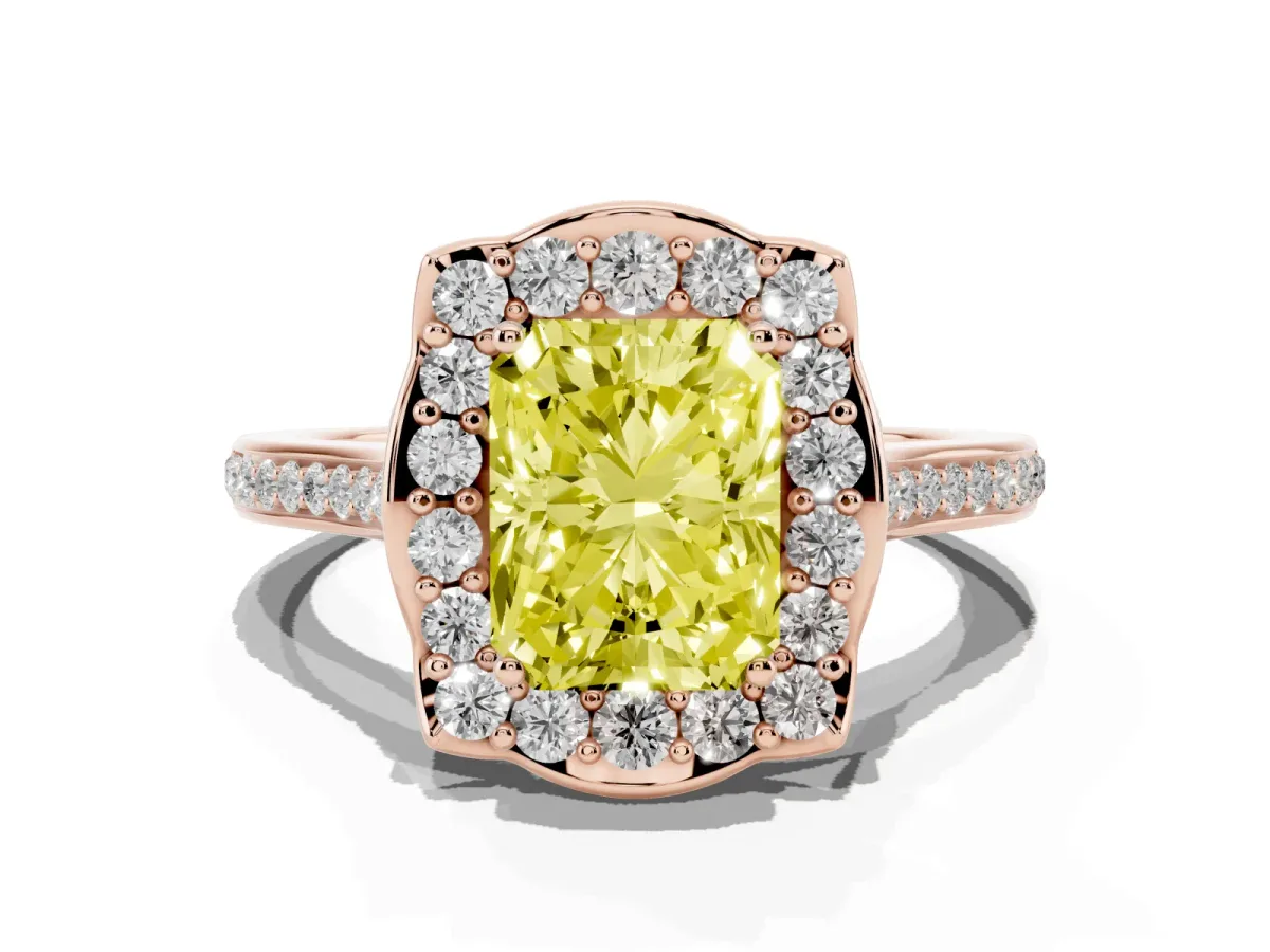 Fancy Yellow Radiant Cut Halo Round Diamond Pave Band with Four-Prong Setting Rose gold