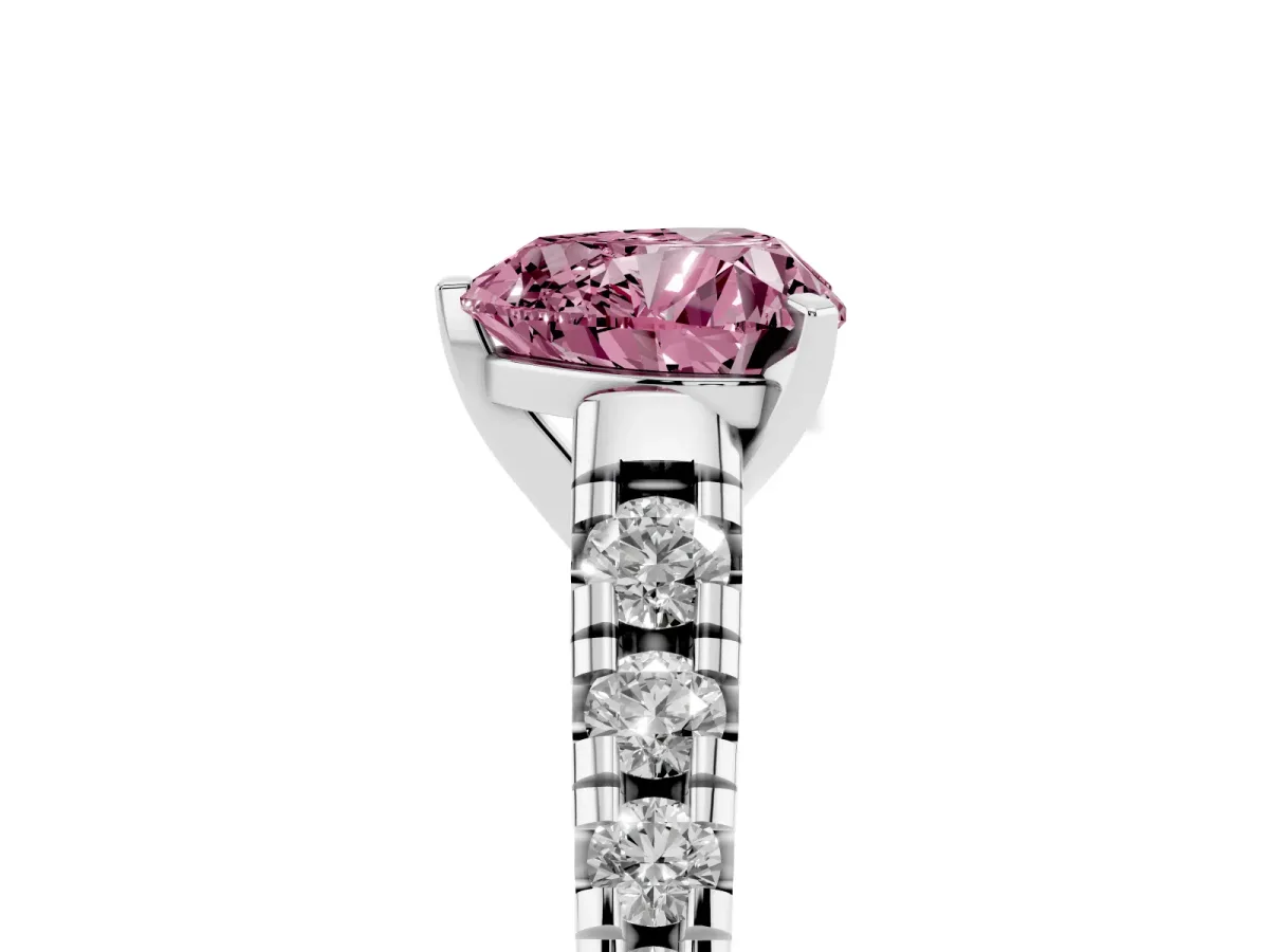 Fancy Pink Heart Cut Diamond Cathedral Solitaire Ring with Round Pavé Band Silver