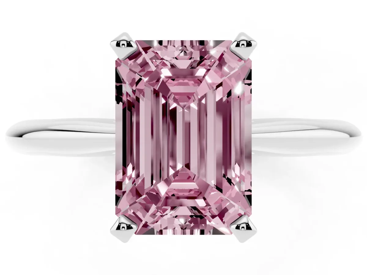 Fancy Pink Emerald Cut Cut Solitaire Ring with Four-Prong Setting on a Classic Band White gold