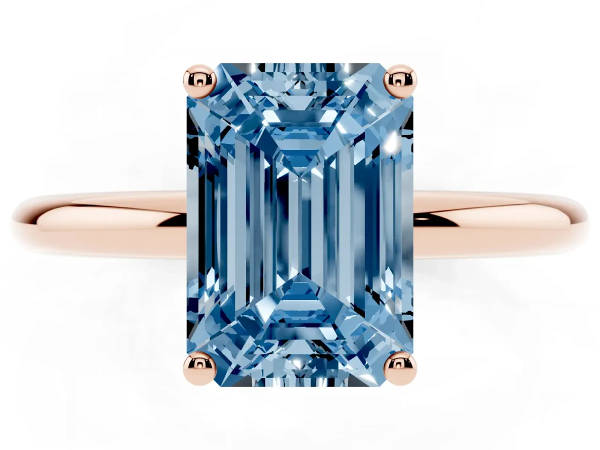 Fancy Blue Emerald Cut Cut Solitaire Engagement Ring with Four-Prong Setting and Classic Band Rose gold