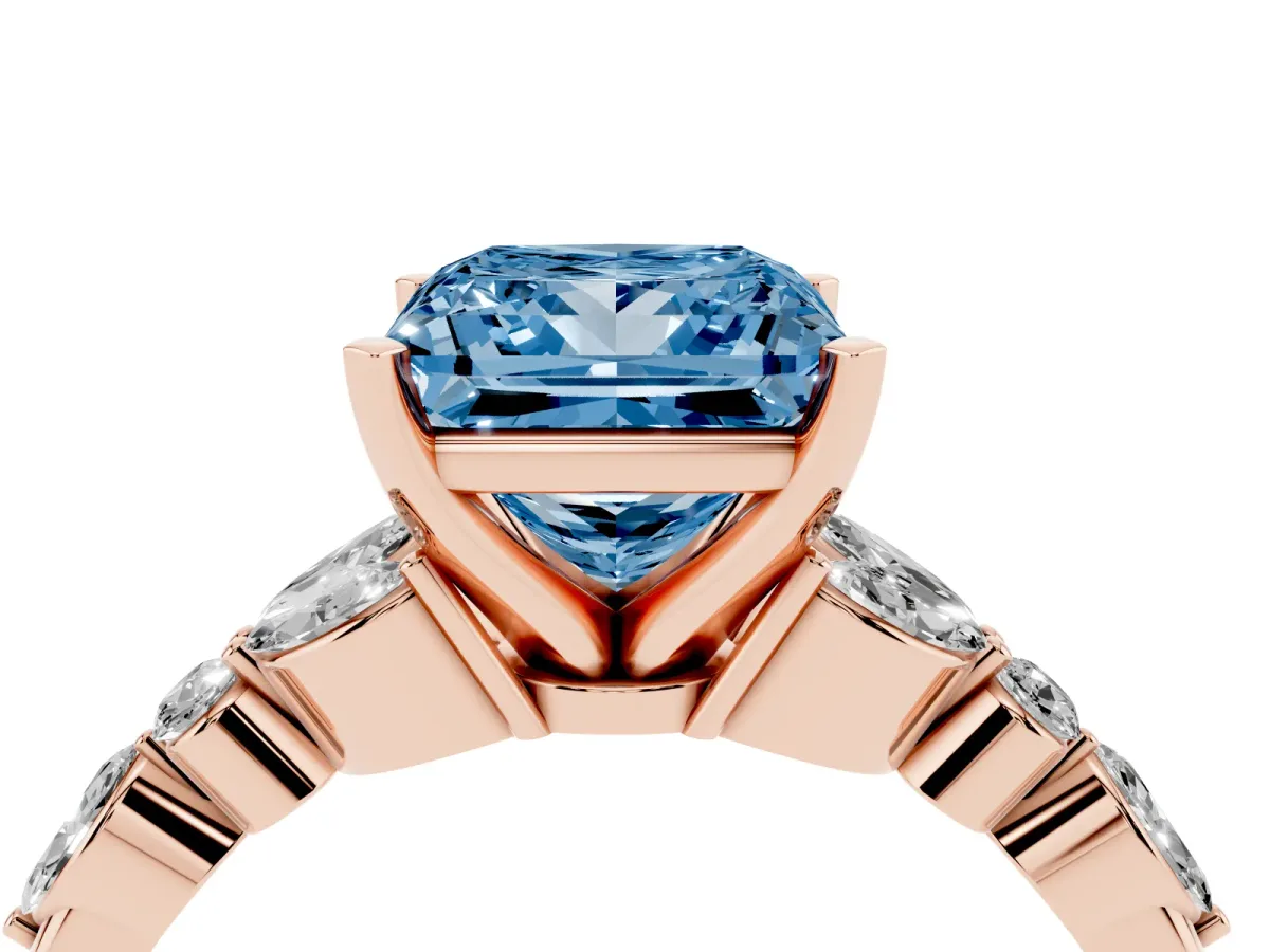 Fancy Blue Princess Cut Diamond Solitaire Ring with Side Stones and Four-Prong Setting Rose gold
