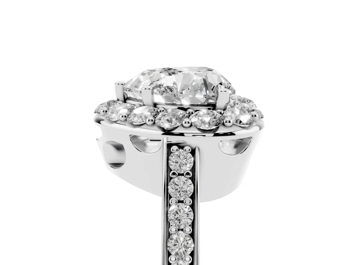 Heart Cut Diamond Floral Halo Ring with Pavé Band and Prong Setting White gold