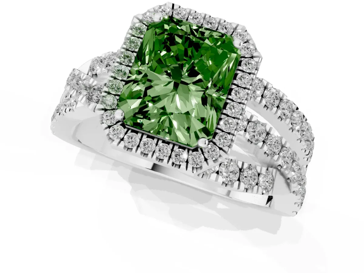 Fancy Green Radiant Cut Diamond Halo Ring with Round Split Shank and Prong Setting Silver