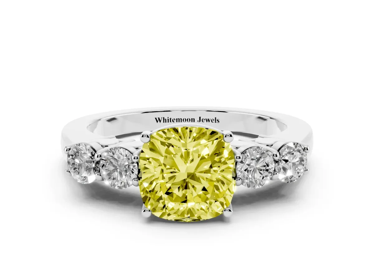Fancy Yellow Cushion Cut Cut Diamond Five-Stone Prong Set White Gold Ring Silver