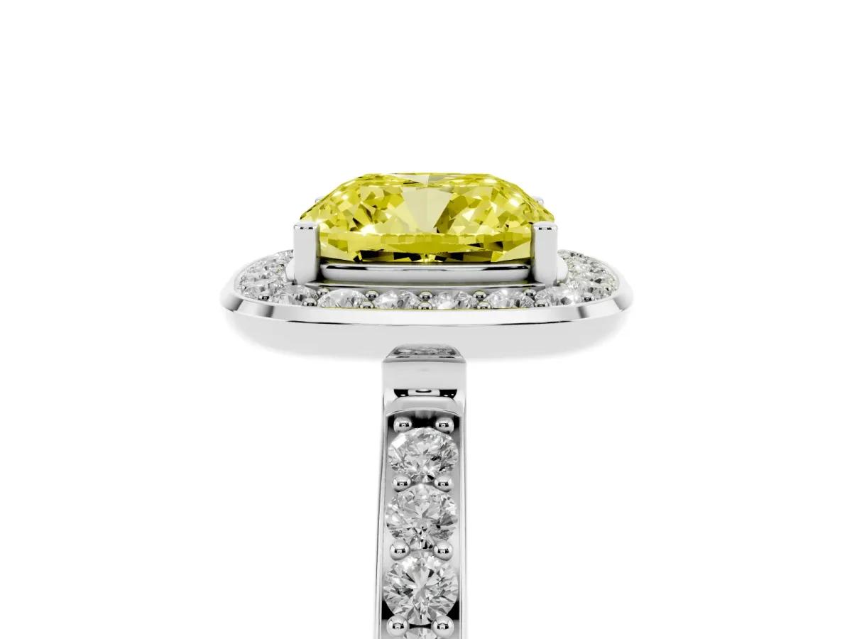 Fancy Yellow Cushion Cut Diamond Halo Ring with Bezel Frame and Pavé Band Silver