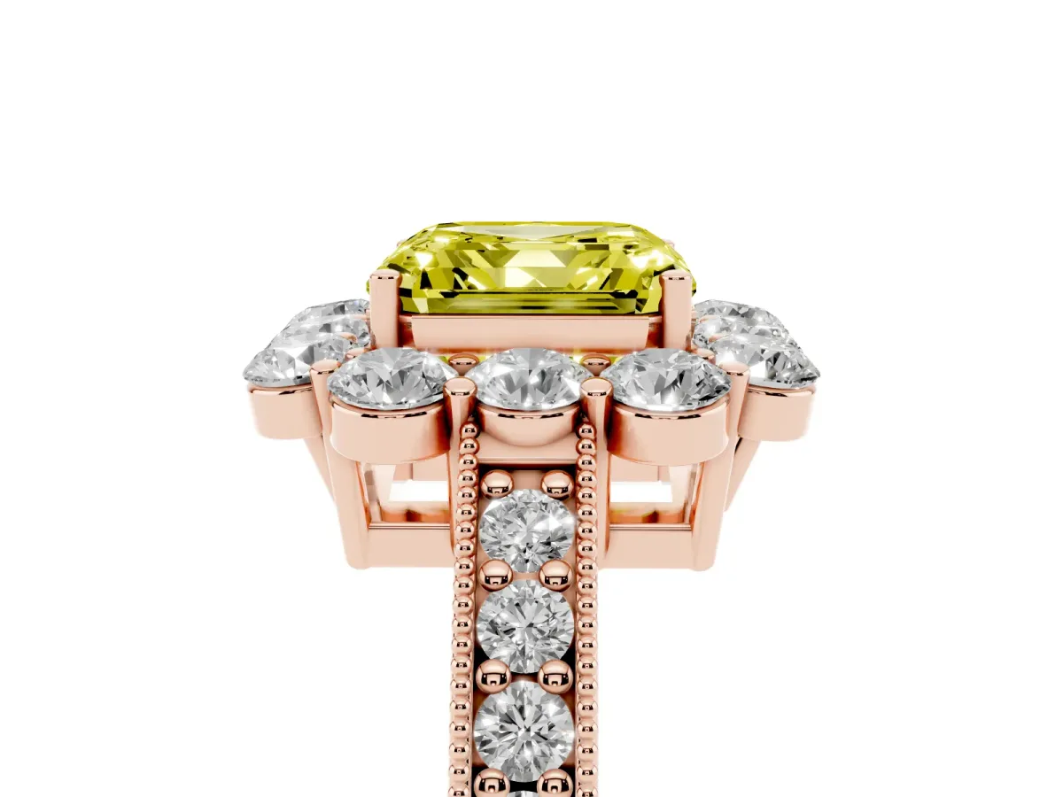 Fancy Yellow Asscher Cut Cut Halo Diamond Pavé Engagement Ring with Milgrain Detailing Rose gold