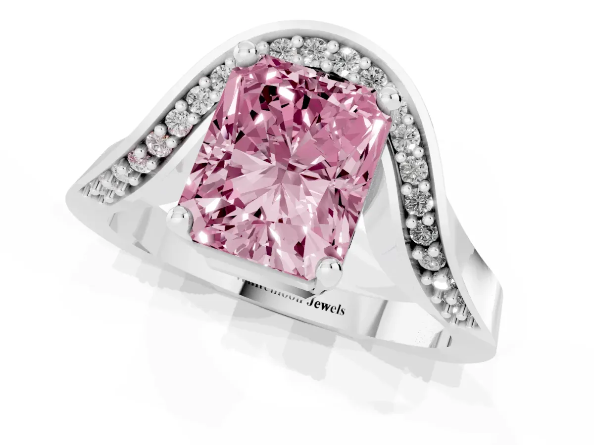 Fancy Pink Radiant Cut Solitaire Diamond Engagement Ring with Pave Band and Four-Prong Setting Silver