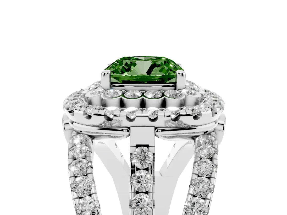 Fancy Green Cushion Cut Diamond Double Halo Ring with Round Pavé Split Shank and Prong Setting Silver