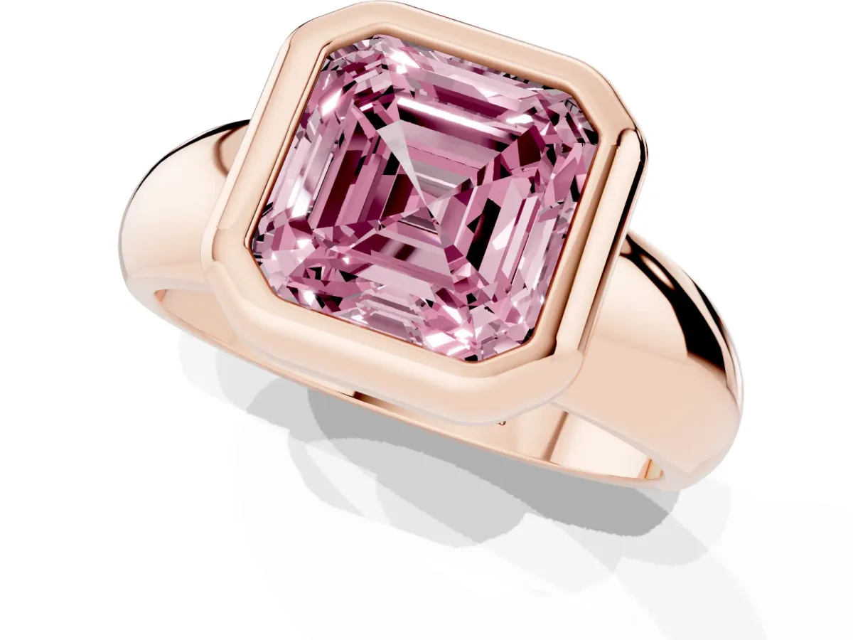Fancy Pink Bezel Set Asscher Cut Solitaire Ring with Wide Band Rose gold