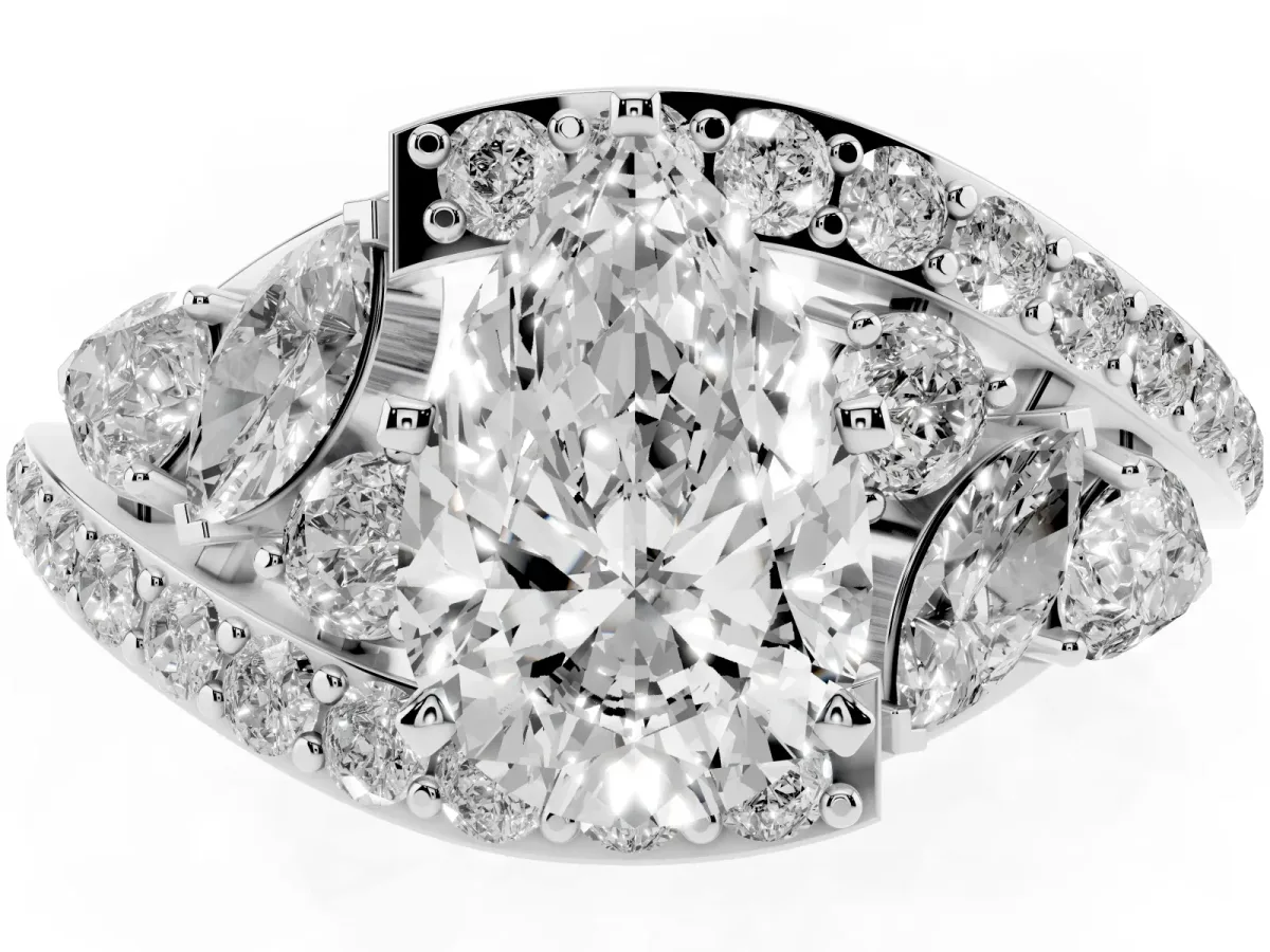 Pear Cut Diamond Halo Ring with Marquise and Pavé Band in Prong Setting Platinum