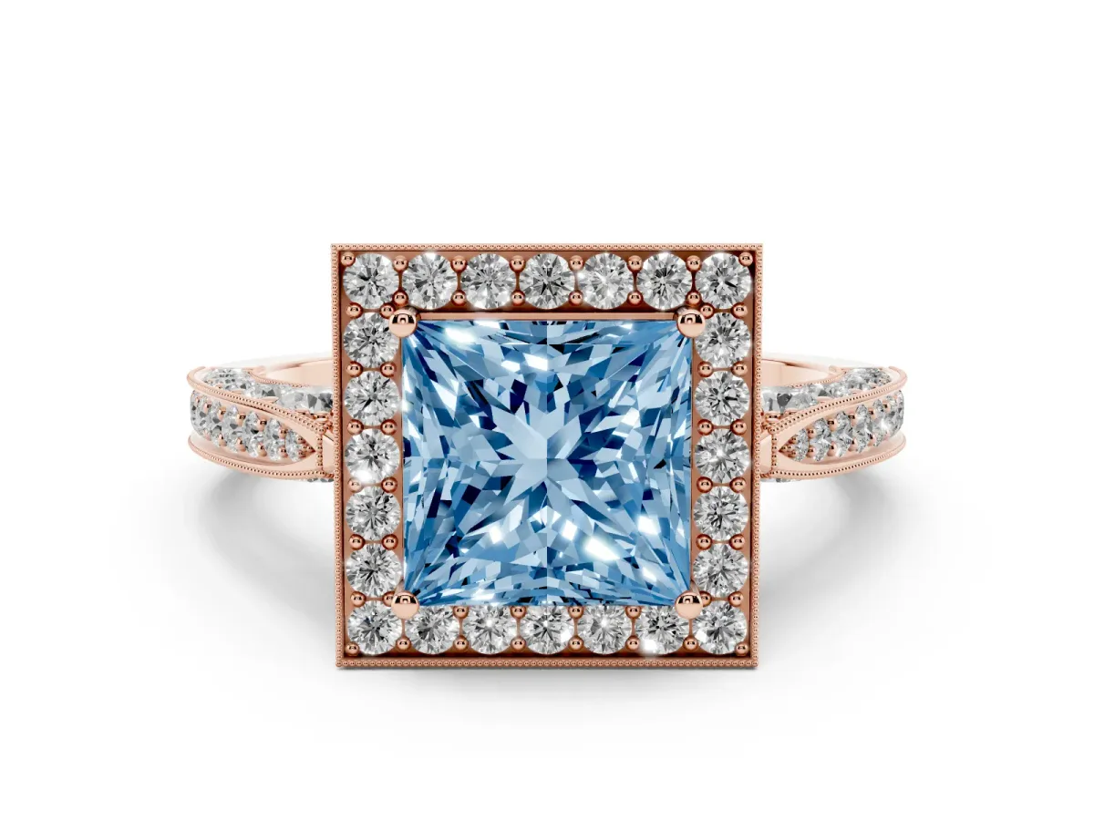Fancy Blue Princess Cut Halo Diamond Engagement Ring with Split Shank Band and Four-Prong Setting Rose gold