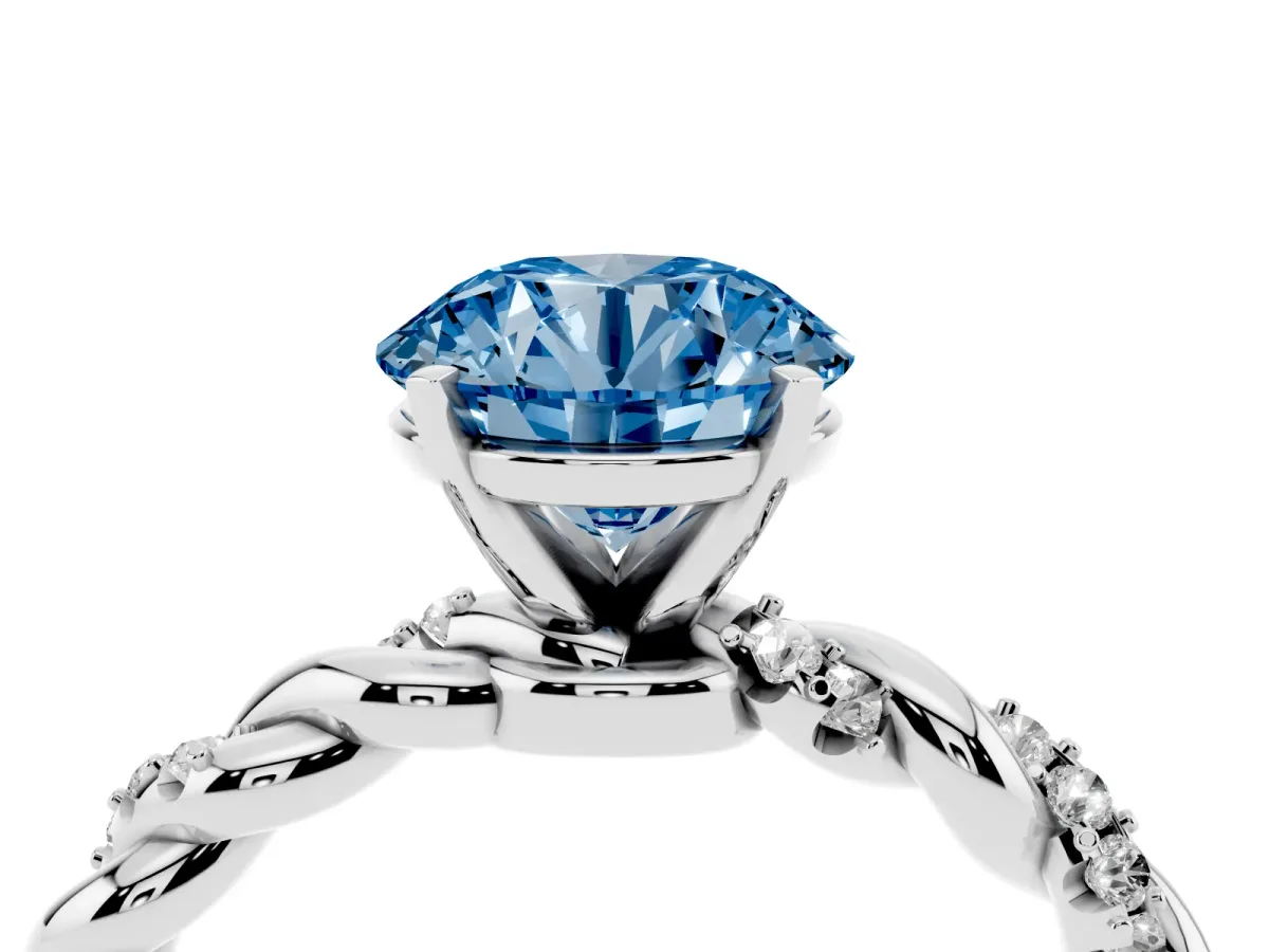 Fancy Blue Round Cut Diamond Solitaire Ring with Twisted Band and Pavé Accents Silver