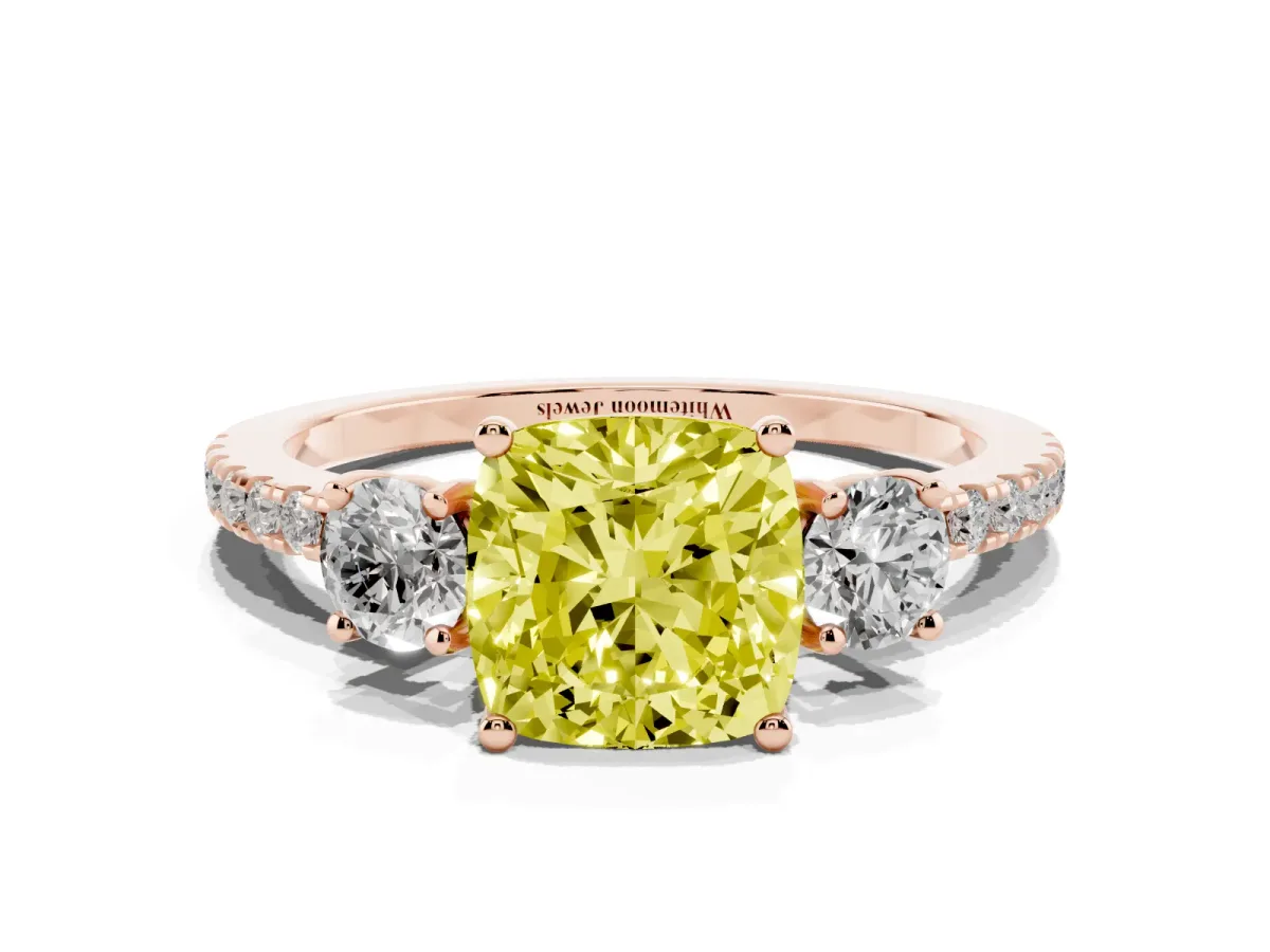 Fancy Yellow Three-Stone Cushion Cut Cut Diamond Pavé Band with Prong Setting Rose gold