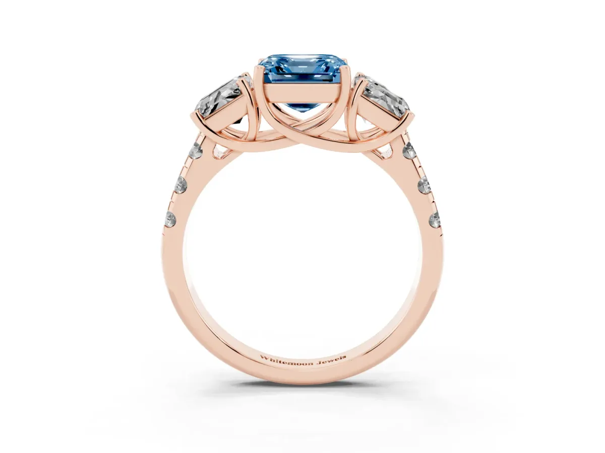 Fancy Blue Three-Stone Asscher Cut Diamond Pavé Band with Prong Setting Rose gold