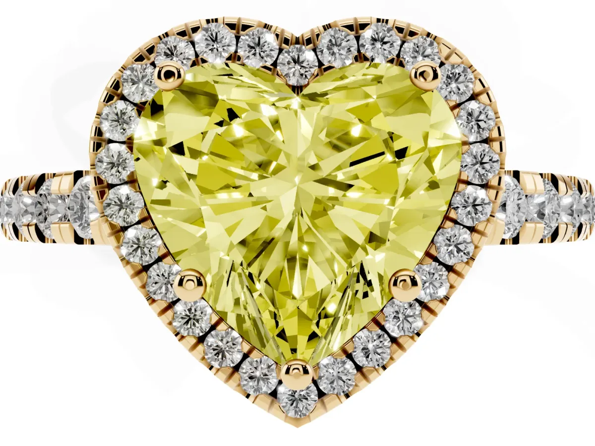 Fancy Yellow Heart Cut Diamond Halo Ring with Pavé Band and Four-Prong Setting Yellow gold