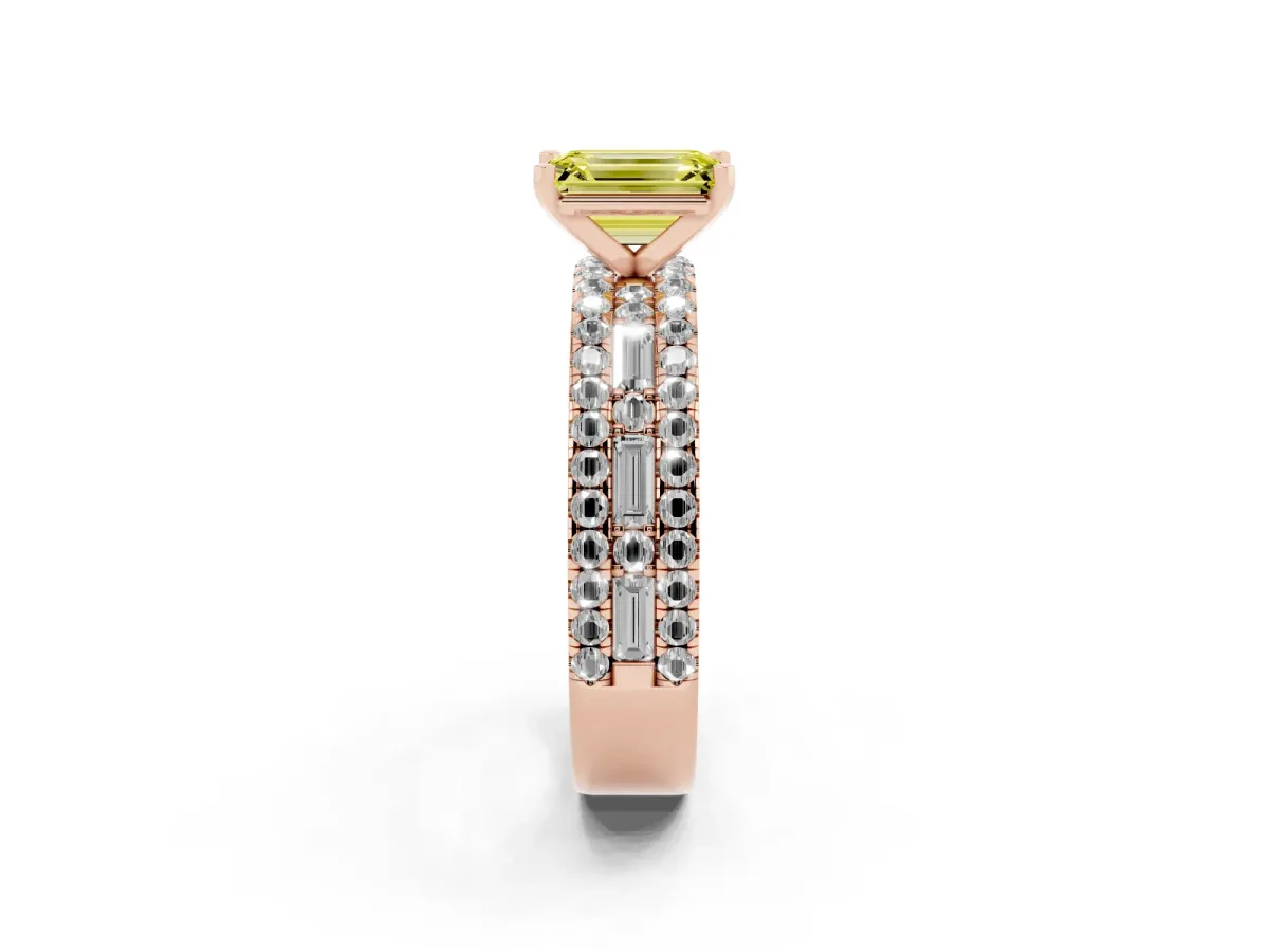 Fancy Yellow Emerald Cut Diamond Solitaire Ring with Pavé and Channel Set Band Rose gold