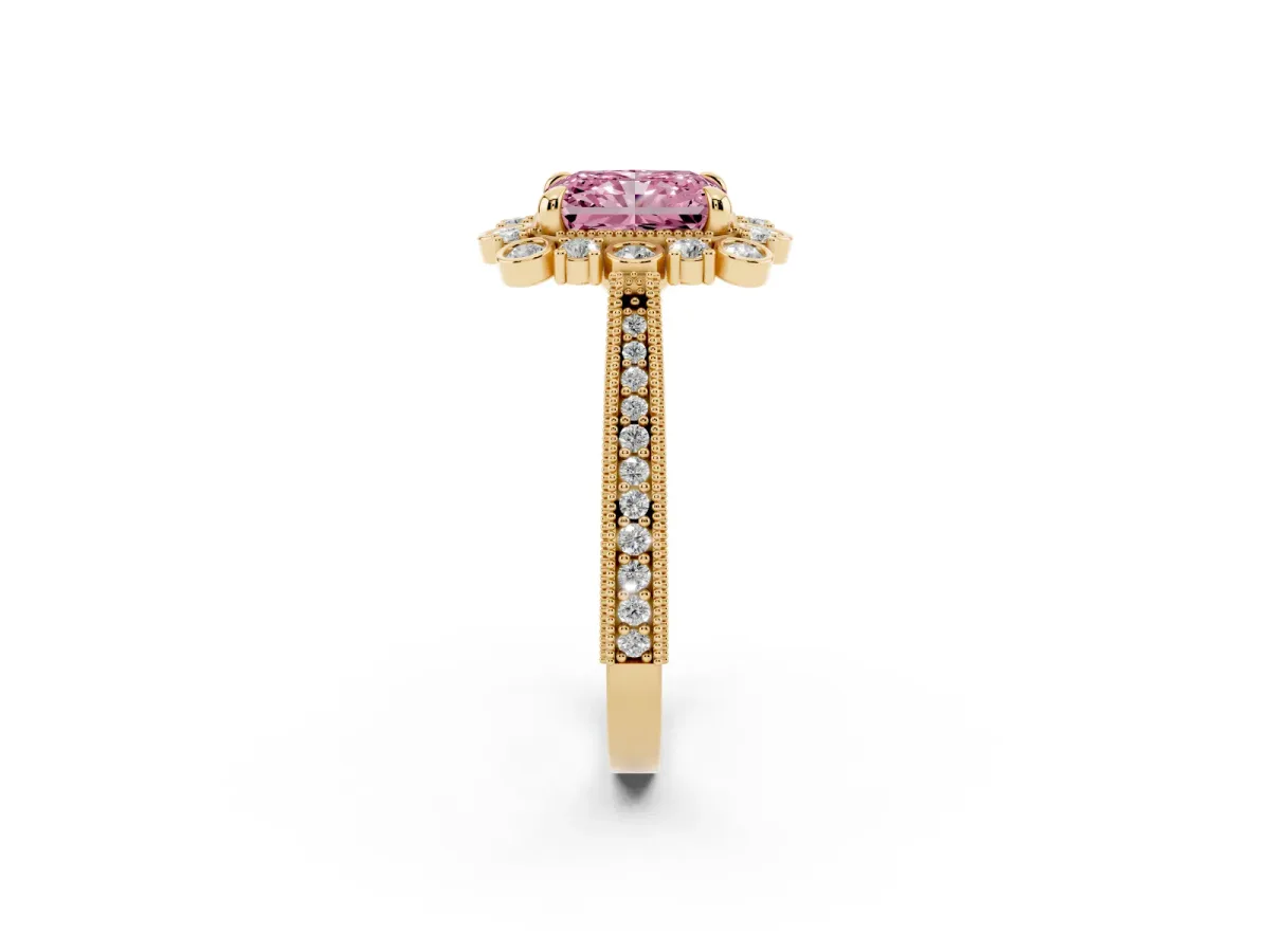 Fancy Pink Radiant Cut Halo Milgrain Pave Diamond Ring with Four-Prong Setting Yellow gold