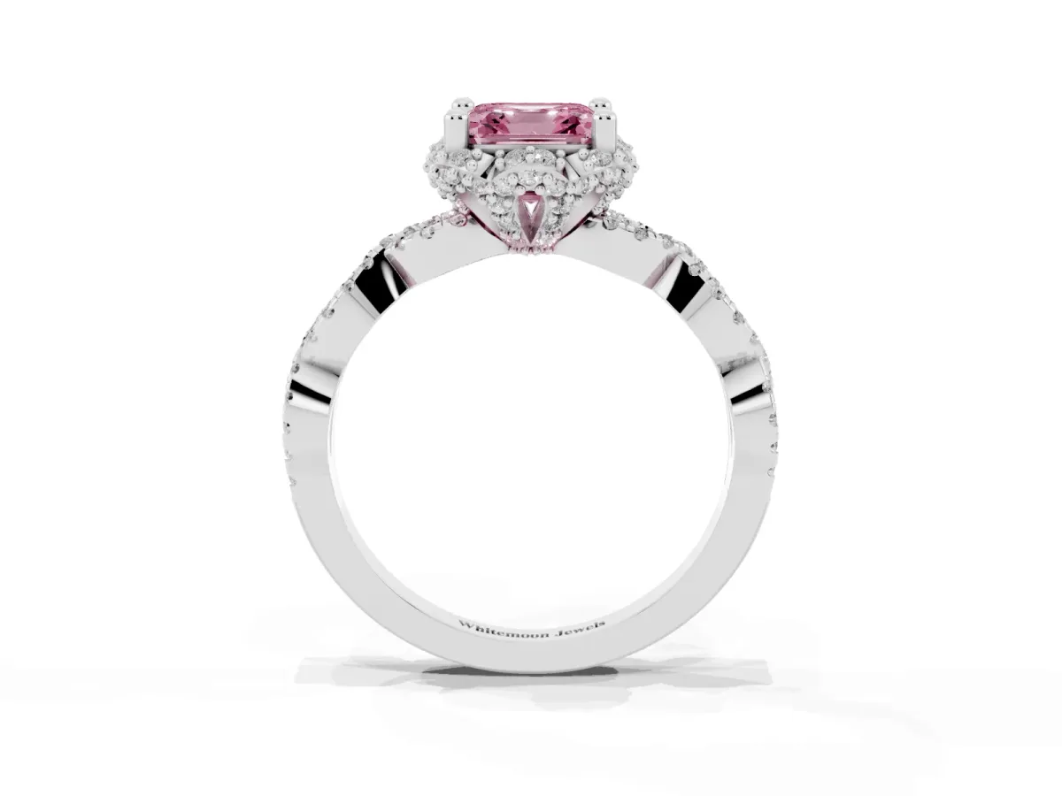 Fancy Pink Asscher Cut Halo Twist Band Solitaire Ring with Six-Prong Setting Silver