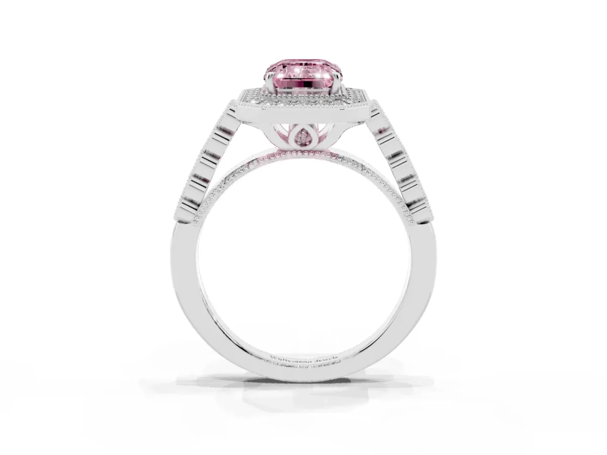 Fancy Pink Emerald Cut Halo Milgrain Solitaire with Bezel Set Side Stones and Pave Band White gold