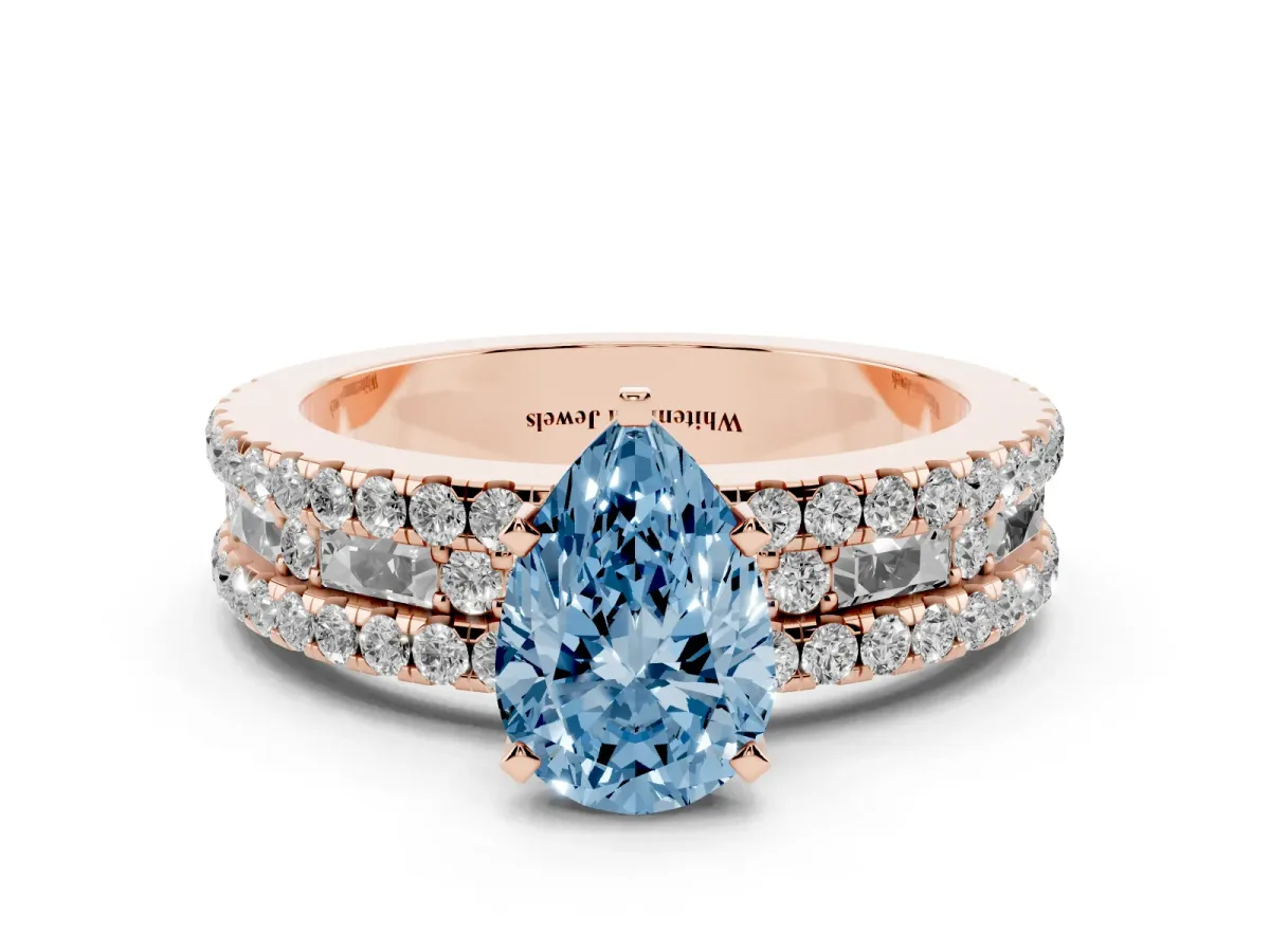 Fancy Blue Pear Cut Diamond Solitaire Ring with Pavé and Channel Set Band Rose gold