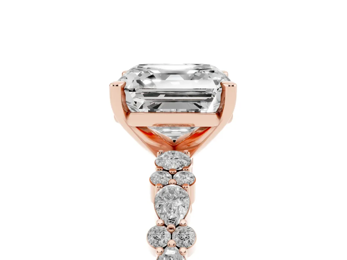 Asscher Cut Diamond Side Stone Solitaire Ring with Round and Four-Prong Setting Rose gold