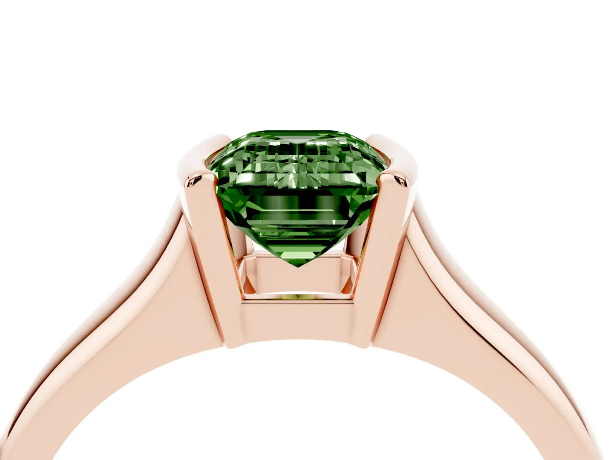Fancy Green Emerald Cut Solitaire Tension Set Diamond Ring with Split Shank Band Rose gold