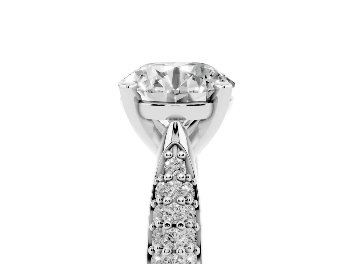 Round Cut Diamond Solitaire Engagement Ring with Multi-Row Round Pavé Band and Prong Setting Silver