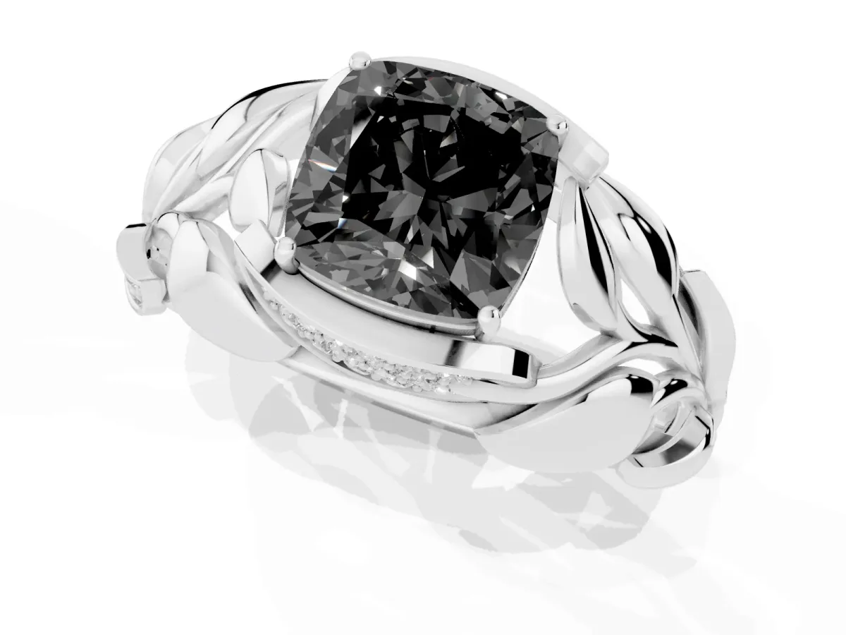 Fancy Black Cushion Cut Diamond Leaf-Inspired Engagement Ring with Round Accents and Prong Setting White gold