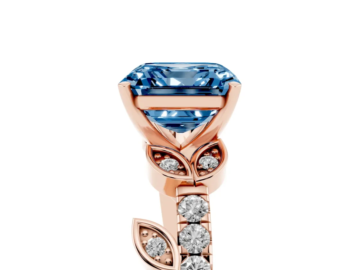 Fancy Blue Asscher Cut Solitaire Leaf-Inspired Diamond Ring with Pavé Band and Four-Prong Setting Rose gold