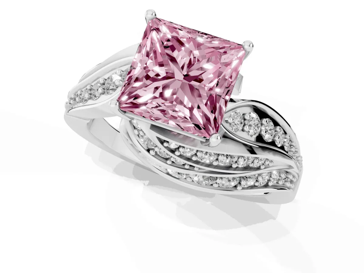 Fancy Pink Princess Cut Diamond Solitaire Ring with Prong Setting and Twisted Pavé Band Silver