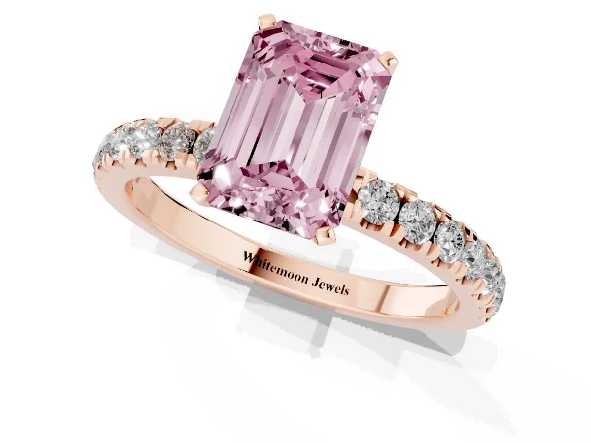 Fancy Pink Emerald Cut Diamond Solitaire Ring with Pavé Accents and Four-Prong Setting Rose gold