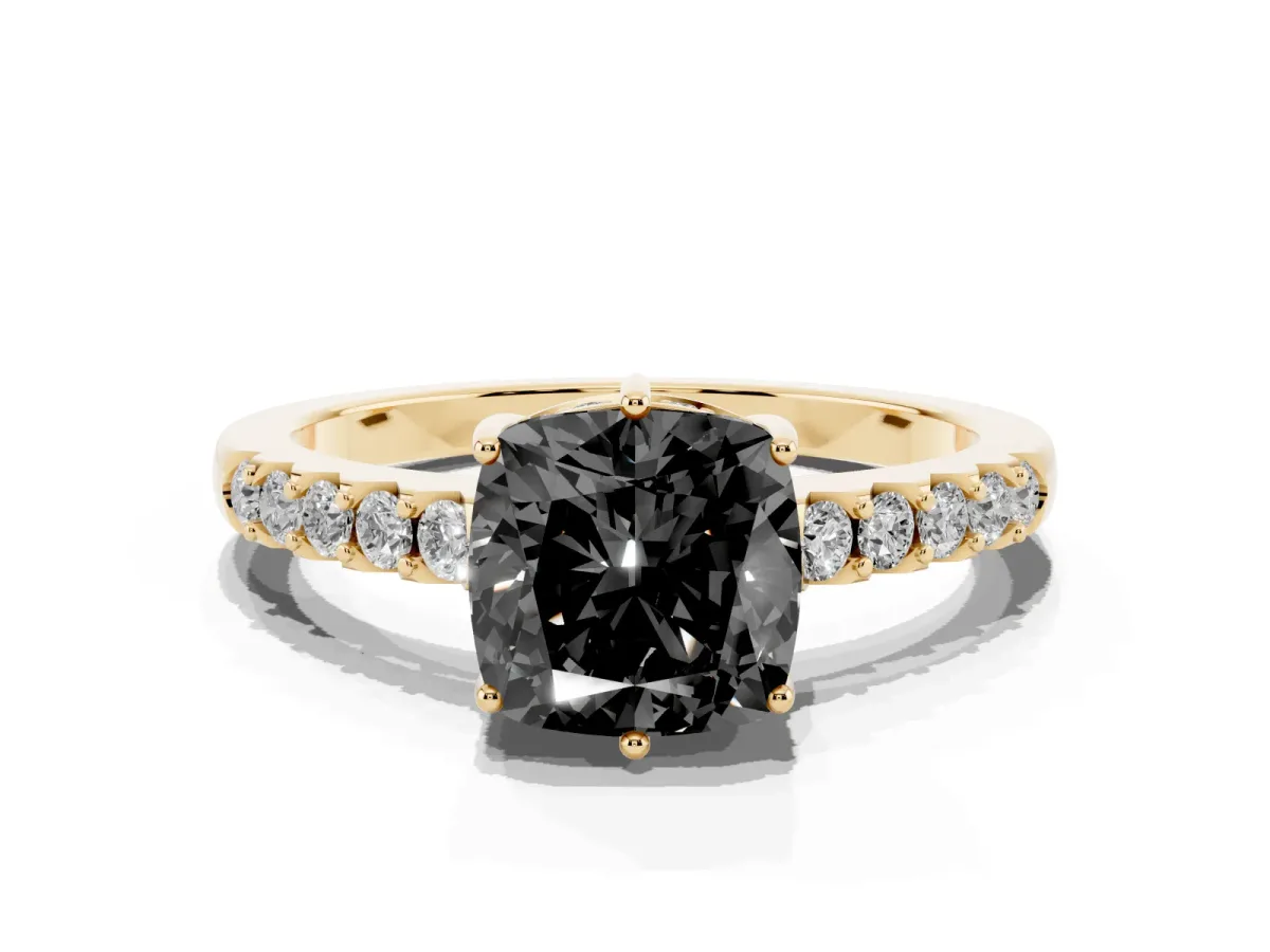 Fancy Black Cushion Cut Solitaire Diamond Engagement Ring with Pavé Band and Six-Prong Setting Yellow gold