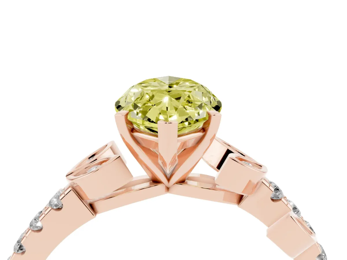 Fancy Yellow Marquise Cut Solitaire Leaf-Inspired Diamond Ring with Pavé Band and Four-Prong Setting Rose gold