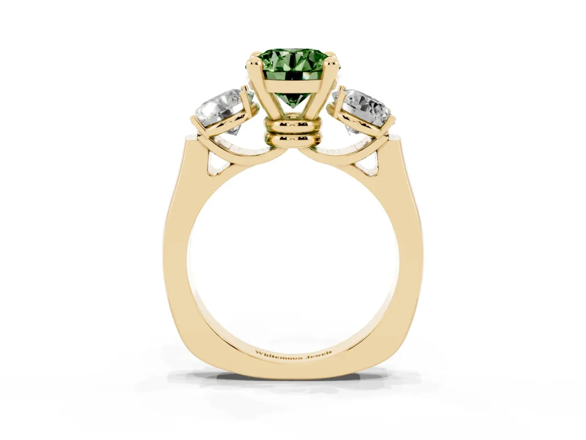 Fancy Green Three-Stone Round Cut Brilliant Diamond Trellis Ring with Comfort Fit Band Yellow gold