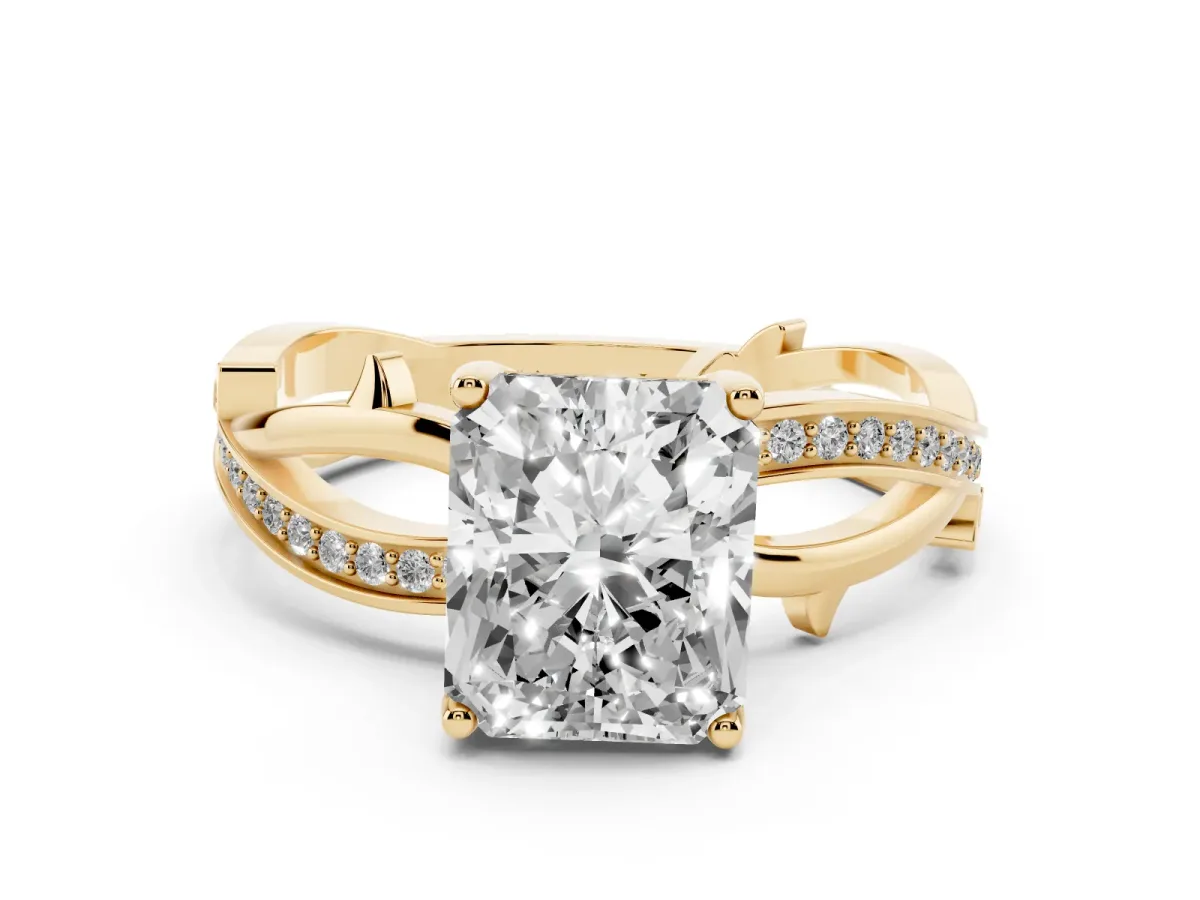 Radiant Cut Solitaire Twist Band with Pavé Accents and Four-Prong Setting Yellow gold