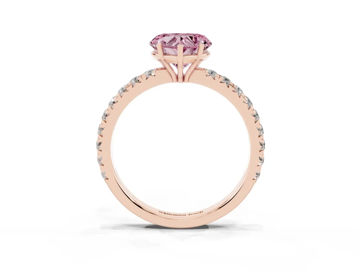 Fancy Pink Heart Cut Diamond Pavé Solitaire Engagement Ring with Four-Prong Setting Rose gold