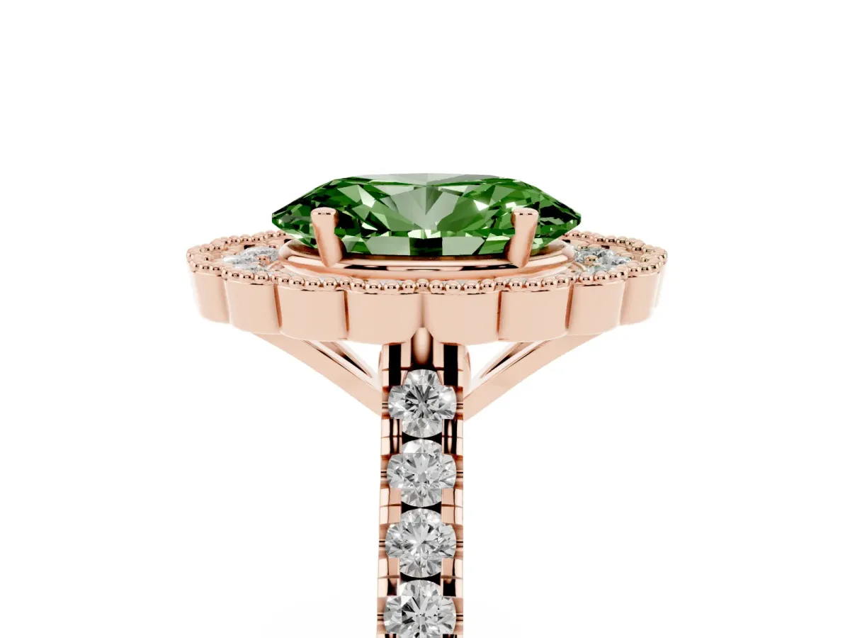Fancy Green Oval Cut Cut Diamond Milgrain Floral Halo Engagement Ring with Pavé Band Rose gold