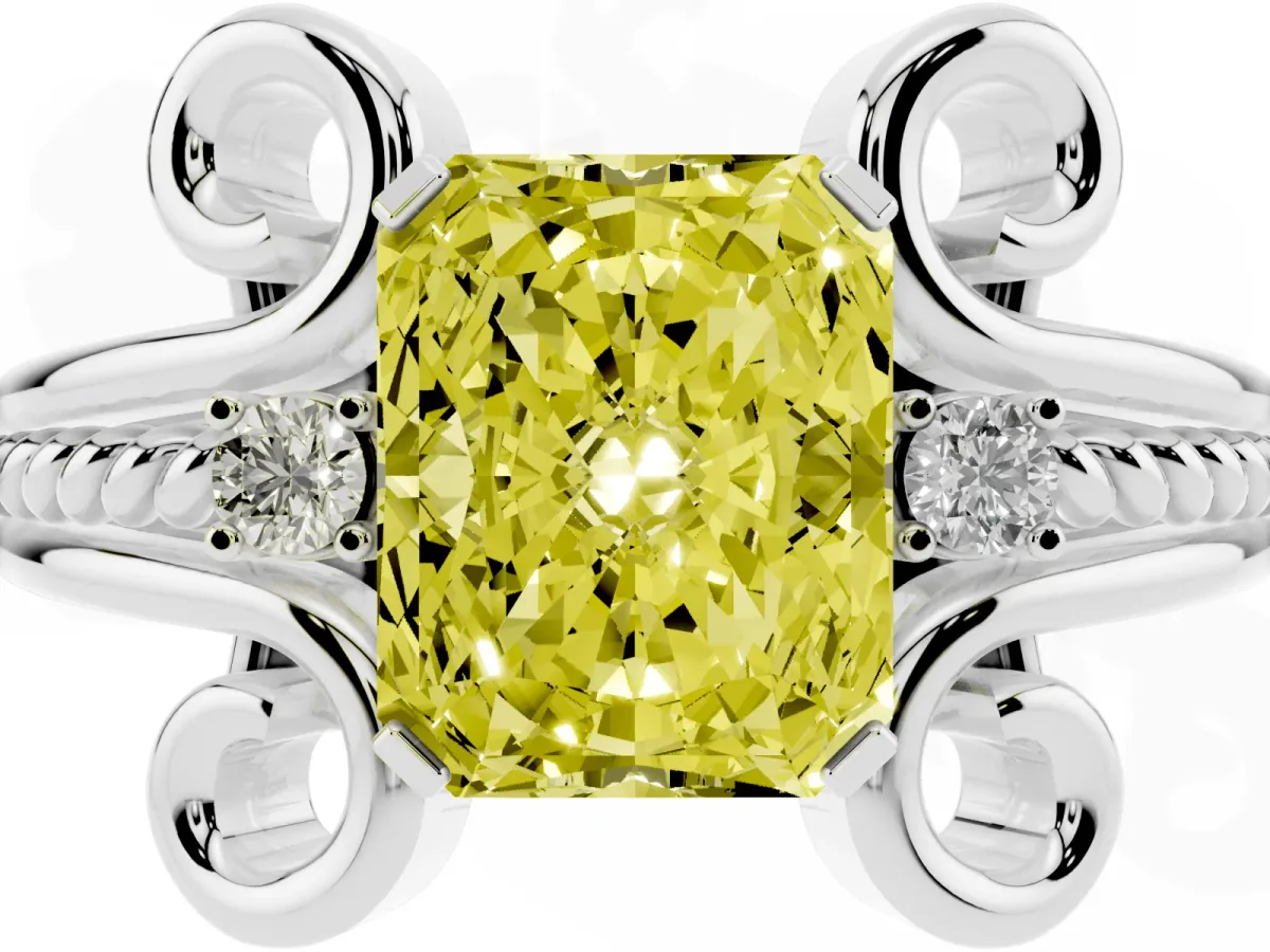Fancy Yellow Radiant Cut Solitaire Twisted Band Scroll Prong Ring Platinum