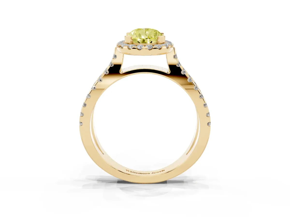 Fancy Yellow Pear Cut Diamond Halo Ring with Split Shank Pavé Band and Prong Setting Yellow gold