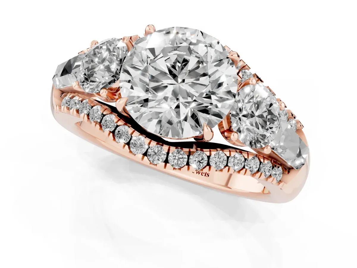 Three-Stone Round Cut Diamond Engagement Ring with Pave Band and Prong Setting Rose gold